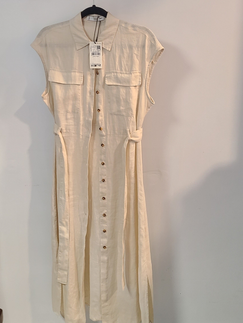 NWT Mango Cream Sleeveless Button-Front Midi Shirt Dress with Tie Waist